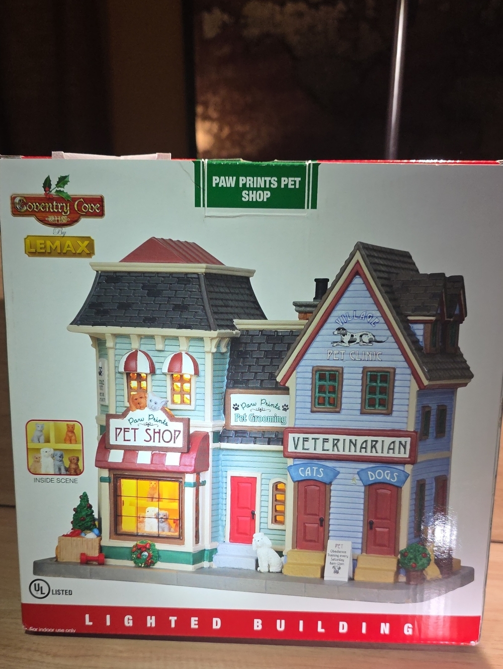 Vintage Lemax Paw Prints Pet Shop Lighted Building - Light Blue / Red / White